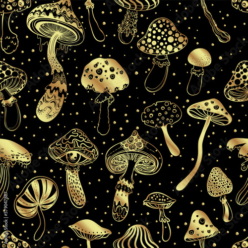 Magic mushrooms golden seamless pattern. Psychedelic hallucination. 60s hippie colorful art. Vintage psychedelic textile, fabric, wrapping, wallpaper. Vector repeating illustration.