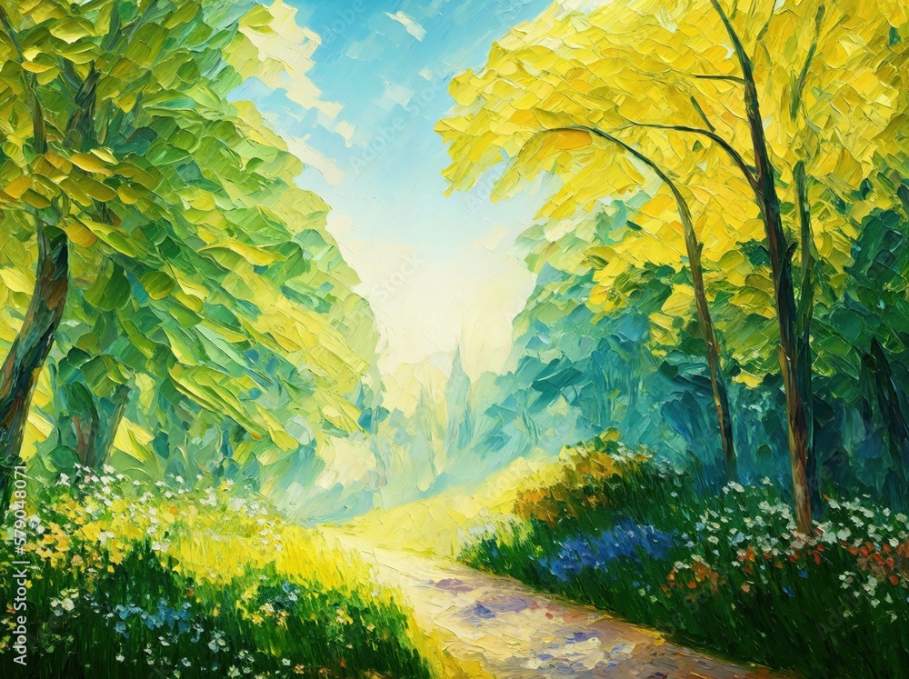 landscape impasto abstract painting of forest meadow with path, generative art landscape impasto abstract painting of forest meadow with path, generative art