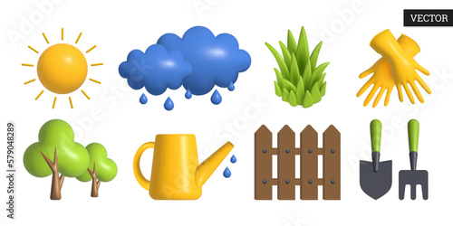 Set of spring 3d vector icons in cartoon style. Gardening tools, wooden fence, watering can, trees, rubber gloves, grass, clouds with drops and sun. Design elements. Vector illustration.