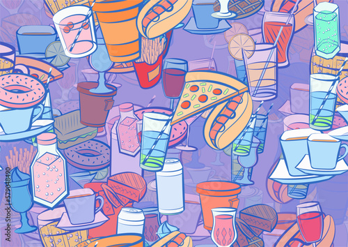 Background pattern abstract design texture. Seamless. American food and Drinks. Theme is about sausage, drinking straw, coffee, tea, Cup, soda can, Hot Dog, plastic, kvass, cola, saucer