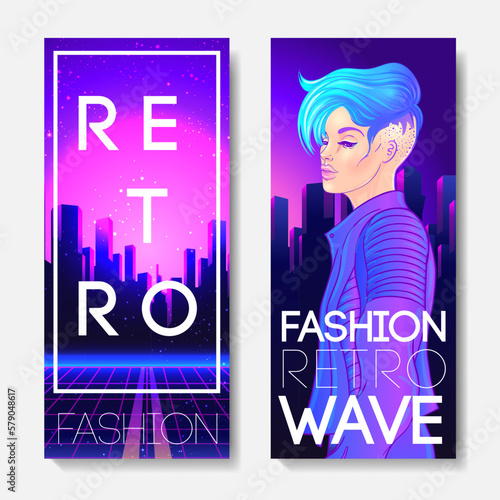 Futuristic synth wave style. Retroparty flyer template. Portrait of a young pretty androgynous woman with short shaved pixie undercut in retro futurism style. Vector illustration in neon bright color