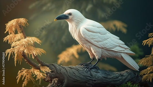 Beautiful and extraordinary white crow or albino raven in the forest illustration. Rare bird in outdoor nature background. AI generative image. photo
