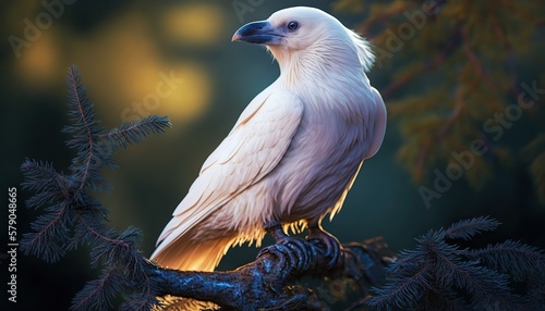 Beautiful and extraordinary white crow or albino raven in the forest illustration. Rare bird in outdoor nature background. AI generative image.