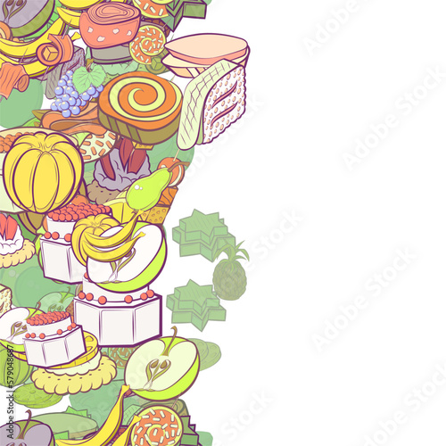 Background pattern abstract design texture. Snacks and Fruits. Vertical seamless stripe. Border frame, transparent background. Theme is about round grapes, fruit, bananas, branch, cucumber
