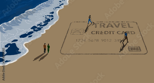 The image of a travel credit card is raked into beach sand in this vector illustration.