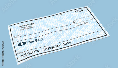 A generic, mock, personal bank check is seen in a vector illustration.