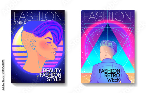 Futuristic synth wave style. Retroparty flyer template. Portrait of a young pretty androgynous woman with short shaved pixie undercut in retro futurism style. Vector illustration in neon bright color