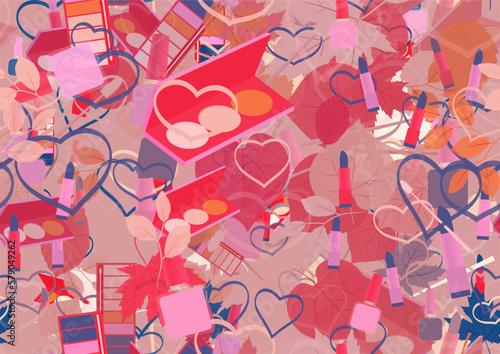 Background pattern abstract design texture. Seamless. Theme is about brush, tree, pomade, relations, ointment, linden, hearts, beech, seasons, powder, love, beauty, nature, makeup, nail polish