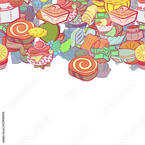 Background pattern abstract design texture. Snacks and Fruits. Horizontal seamless stripe. Border frame, transparent background. Theme is about topping, spiral, stick, peel, incision, sausage