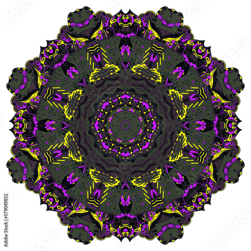 Mandala. Tracery wheel image. Mehndi design. Dark toxic colors. Ethnic doodle art. Curved doodling picture. Vector