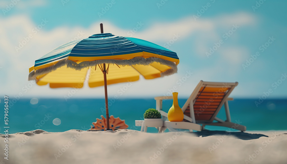 Sunny calm ocean sandy coast background with beach chair and big multicolored umbrella. Sea shore resort outdoor backdrop. AI generative image.