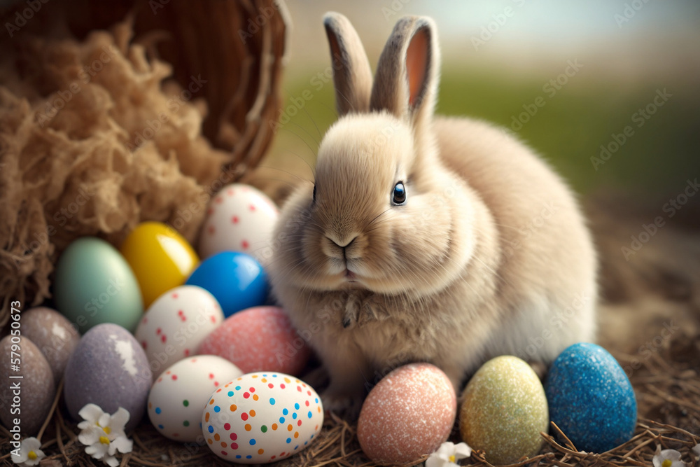 Cute Easter Bunny With Many Easter Eggs, Easter Day, Generative Ai
