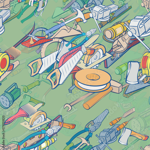Background pattern abstract design texture. Seamless. Repair and Building tools. Theme is about plane, wrench, woodcutter, plumbing, installation, hand saw, evenness, acute, alignment, heavy tool