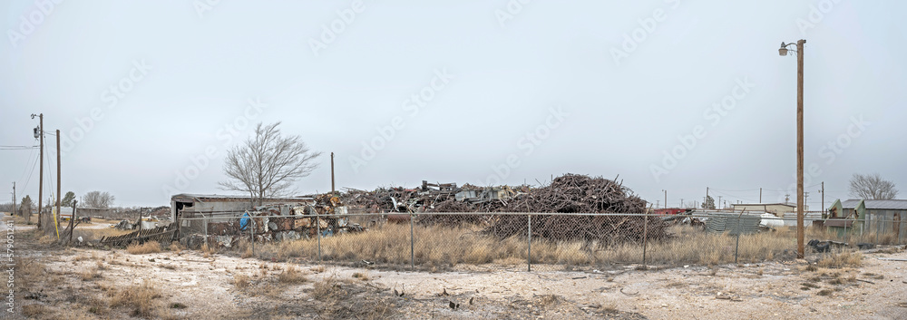 Panoramic view of a scrap metal yard in Hobbs, New Mexico, USA