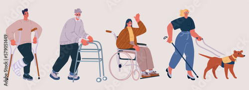 Vector illustration of people with disability, therapy, reabilitation. Man on crunch, woman in wheelchcair, Oldman elderly man using walking frame, blind woman walking with guide-dog