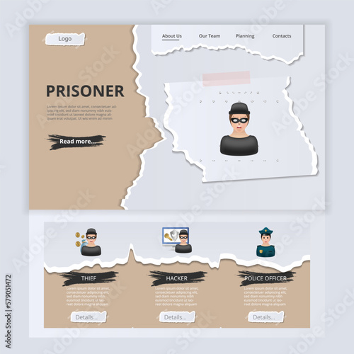 Prisoner flat landing page website template. Thief, hacker, police officer. Web banner with header, content and footer. Vector illustration.