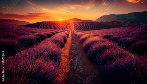 Sunset over a lavender field, Generative AI