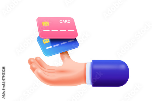 3d Credit card accept concept. Cartoon hand with credit card symbol icon. 3d Vector illustration