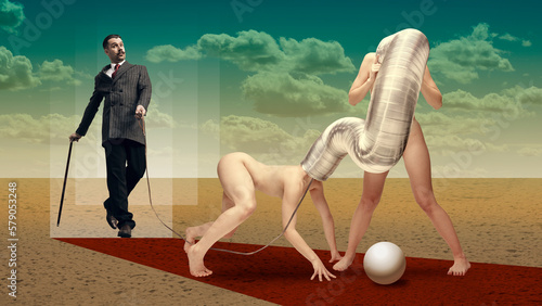 Surreal design in futuristic style. Contemporary art collage. Stylish man in suit with cane walking with two women on dessert. Strange walks, fantasy. Concept of surrealism and creative vision photo