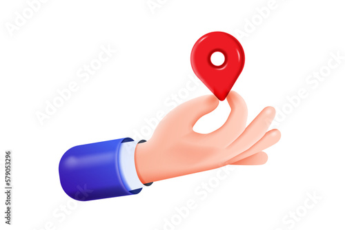 3d cartoon hand holding little red geo tag pin by fingers. Global navigation badge or route sign guide symbol isolated design elements on white background. 3D Vector illustration