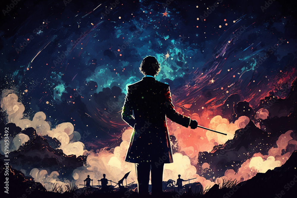 the conductor holding the baton standing against the night sky - obrazy, fototapety, plakaty 