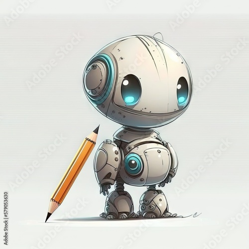 The cute AI robot and a pen portrait on white background Generative AI