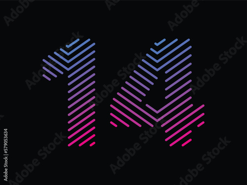 Digit 14 is written with colorful digital lines. Abstract digit 14 logo design template. Logo type vector design