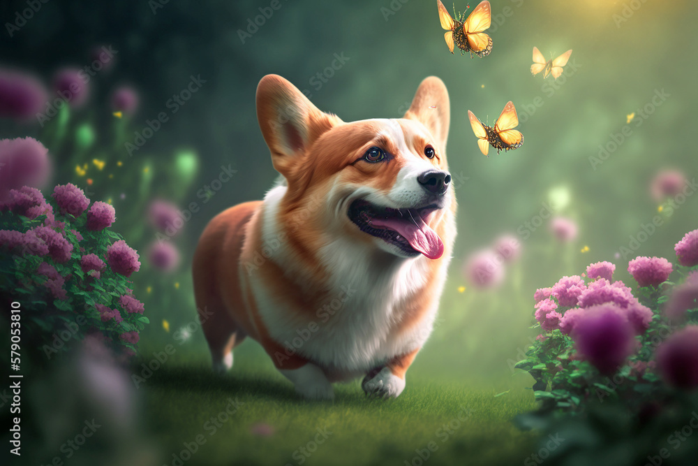 a welsh corgi walks in the garden and catches butterflies, Generative AI a welsh corgi walks in the garden and catches butterflies, Generative AI
