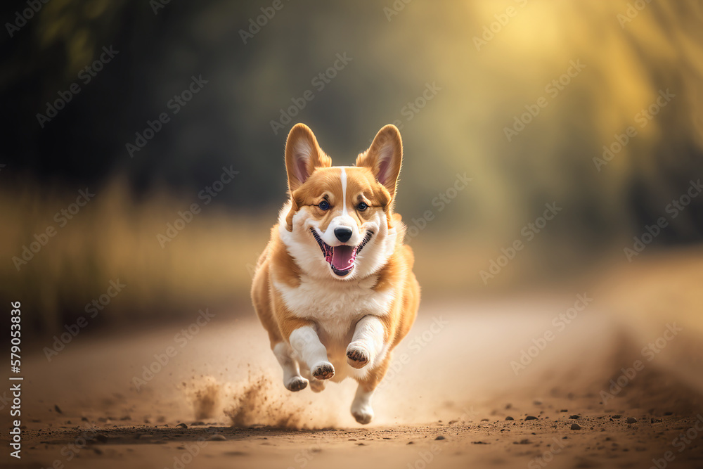 welsh corgi pembroke dog running outdoors, Generative AI welsh corgi pembroke dog running outdoors, Generative AI