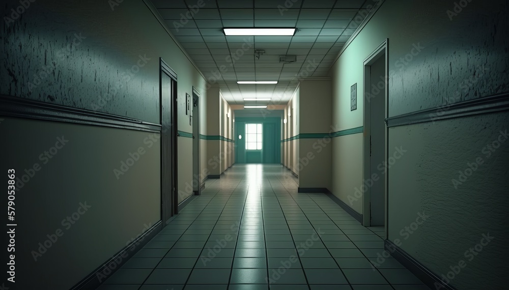 Long empty hospital hallway background. Generative AI technology. Long empty hospital hallway background. Generative AI technology.