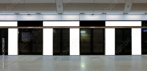 Canvas Print Mockup of multiple blank banners, posters, in generic train station; advertising space templates; OOH mock up