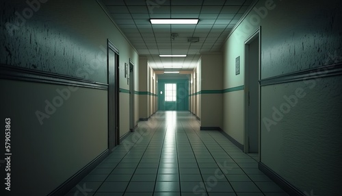Long empty hospital hallway background. Generative AI technology.