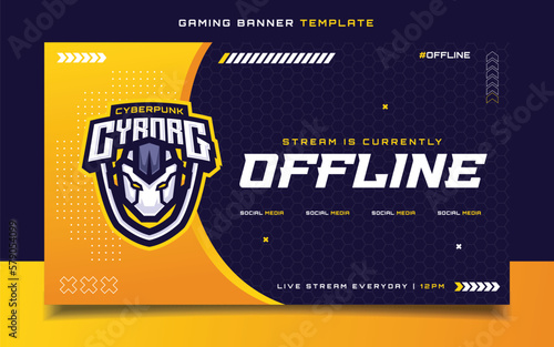 Stream is Currently Offline Gaming Banner Flyer with Cyborg Mascot Character Logo for Social Media Template