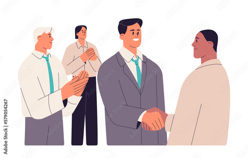 Handshake for career promotion. Colleagues congratulating employee, best manager with professional growth, business success, shaking hands. Flat vector illustration isolated on white background Handshake for career promotion. Colleagues congratulating employee, best manager with professional growth, business success, shaking hands. Flat vector illustration isolated on white background