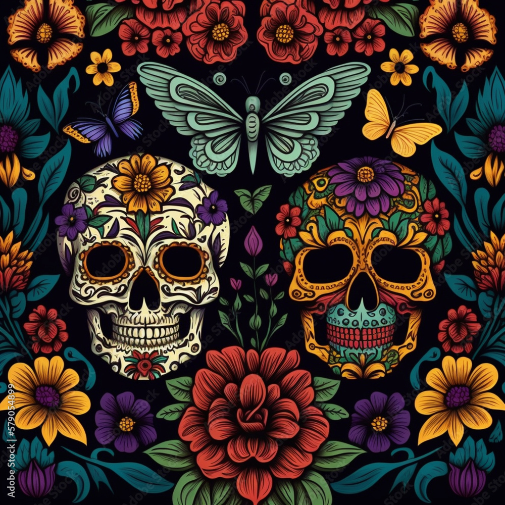 skull and flowers