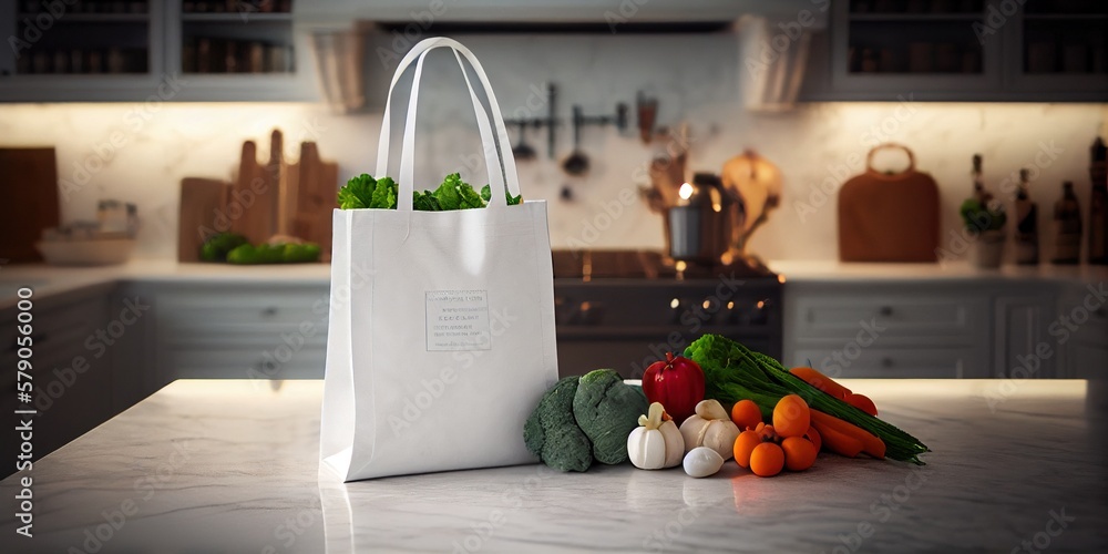 Eco bag with fresh vegetables. Reusable bag with vegetables on the kitchen table. Smart consumption, care for the environment. Generative AI Eco bag with fresh vegetables. Reusable bag with vegetables on the kitchen table. Smart consumption, care for the environment. Generative AI