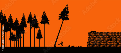 A guy clear cuts a forest of trees and stacks them up for firewood and other uses in this vector image.
