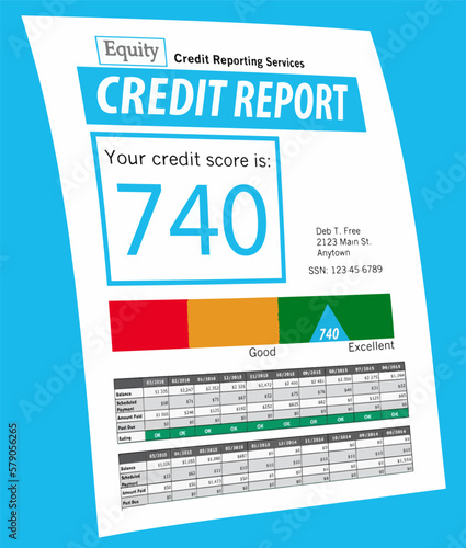 A generic mock credit report is seen on a piece of paper isolated on the background in a vector image.