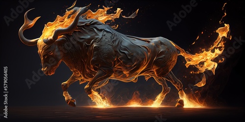 Running fire bull. Angry bull running in fire. Generative AI photo