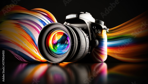 Generic DSLR camera with colourful light energy swirling around it.  Generative Ai. photo