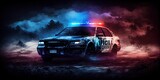 Police cars at night. Police car with red and blue lights in the fog. During the night the police raided and you are under arrest. Cinematic illustration of a night detention. Generative AI