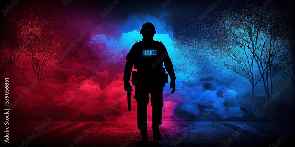 One policeman silhouette on backside. Red and blue lights in the fog. You are under arrest. Cinematic illustration of a night detention. Generative AI
