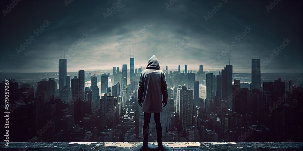 A man in a hood stands on the roof of a tall building against the backdrop of a gloomy, epic city. View of a man from the back, panoramic view of the city from the roof of a skyscraper. Generative AI