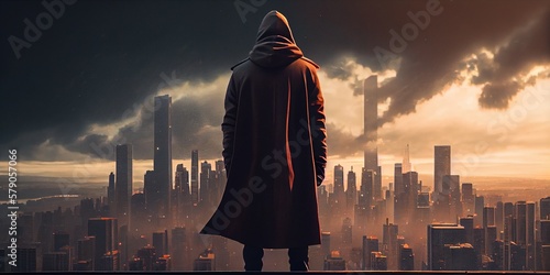 A man in a hood stands on the roof of a tall building against the backdrop of a gloomy, epic city. View of a man from the back, panoramic view of the city from the roof of a skyscraper. Generative AI