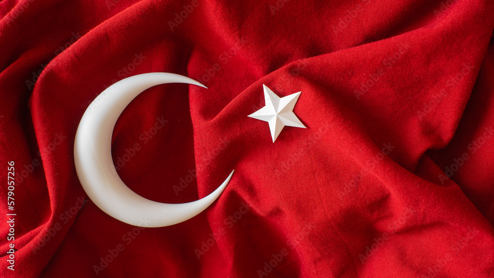 Turkish flag, 3d moon and star on red fabric