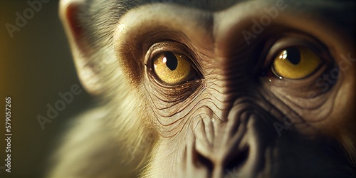 Сloseup of the eyes of a monkey looking at camera, intelligent primate animal. Smart conscious look of a little monkey. Monkey close-up. Generative AI photo