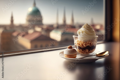 Sweet dessert ice-cream in a cafe with a stunning view of the European city. AI generative