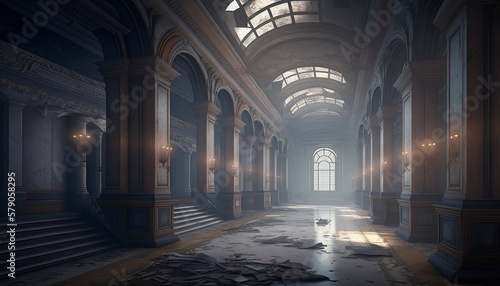 Abandoned empty of classic grand hall background. Generative AI technology.