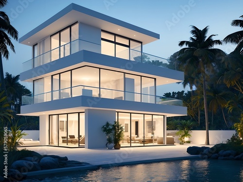 White beach house on the coast  Generative AI