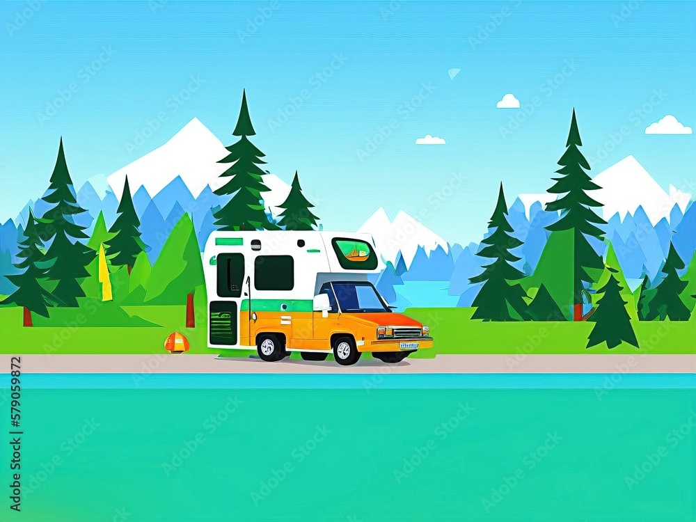 illustration, sheet, of motorhome in nature ,generated with ai,